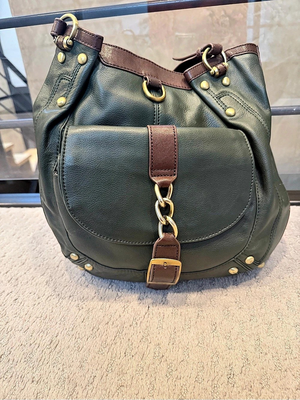 Sondra Roberts Leather Hobo Bag in Green & Brown